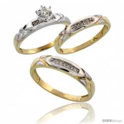 Gold Plated Sterling Silver Diamond Trio Wedding Ring Set His 4mm & Hers 3.5mm