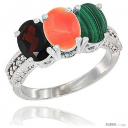 10K White Gold Natural Garnet, Coral & Malachite Ring 3-Stone Oval 7x5 mm Diamond Accent