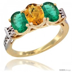 10K Yellow Gold Natural Whisky Quartz & Emerald Sides Ring 3-Stone Oval 7x5 mm Diamond Accent