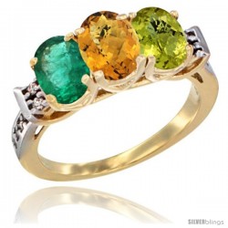 10K Yellow Gold Natural Emerald, Whisky Quartz & Lemon Quartz Ring 3-Stone Oval 7x5 mm Diamond Accent