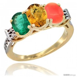 10K Yellow Gold Natural Emerald, Whisky Quartz & Coral Ring 3-Stone Oval 7x5 mm Diamond Accent