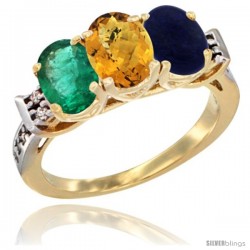 10K Yellow Gold Natural Emerald, Whisky Quartz & Lapis Ring 3-Stone Oval 7x5 mm Diamond Accent