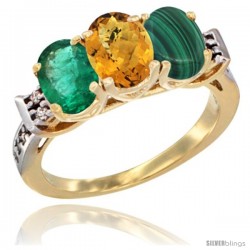 10K Yellow Gold Natural Emerald, Whisky Quartz & Malachite Ring 3-Stone Oval 7x5 mm Diamond Accent