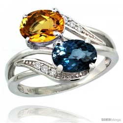 14k White Gold ( 8x6 mm ) Double Stone Engagement London Blue Topaz & Citrine Ring w/ 0.07 Carat Brilliant Cut Diamonds & 2.34