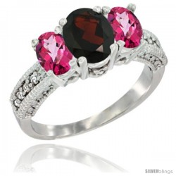 10K White Gold Ladies Oval Natural Garnet 3-Stone Ring with Pink Topaz Sides Diamond Accent