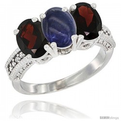 10K White Gold Natural Lapis & Garnet Sides Ring 3-Stone Oval 7x5 mm Diamond Accent