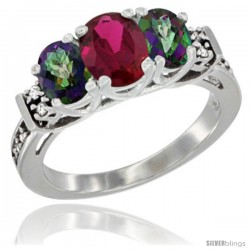 14K White Gold Natural High Quality Ruby & Mystic Topaz Ring 3-Stone Oval with Diamond Accent