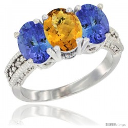 14K White Gold Natural Whisky Quartz Ring with Tanzanite 3-Stone 7x5 mm Oval Diamond Accent