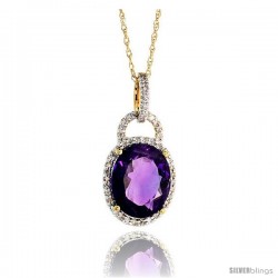 14k Gold 18" Chain & 7/8" (23mm) tall Amethyst Pendant, w/ 0.15 Carat Brilliant Cut Diamonds & 4.70 Carats 11x9mm Oval Cut