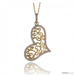 14k Gold 18" Chain & 1 3/8" (36mm) tall Filigree Heart Diamond Pendant, w/ 0.22 Carat Brilliant Cut Diamonds