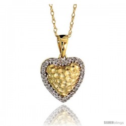 14k Gold 18" Chain & 7/16" (12mm) tall Hammered Finish Diamond Heart Pendant, w/ 0.10 Carat Brilliant Cut Diamonds