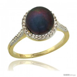 14k Gold Halo Engagement 8.5 mm Black Pearl Ring w/ 0.146 Carat Brilliant Cut Diamonds, 7/16 in. (11mm) wide