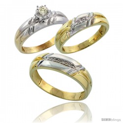 Gold Plated Sterling Silver Diamond Trio Wedding Ring Set His 6mm & Hers 5.5mm