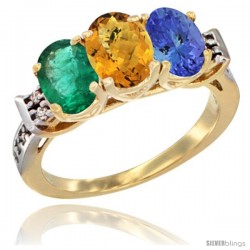 10K Yellow Gold Natural Emerald, Whisky Quartz & Tanzanite Ring 3-Stone Oval 7x5 mm Diamond Accent