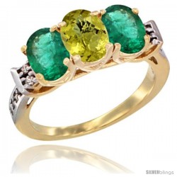 10K Yellow Gold Natural Lemon Quartz & Emerald Sides Ring 3-Stone Oval 7x5 mm Diamond Accent