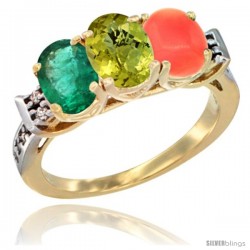 10K Yellow Gold Natural Emerald, Lemon Quartz & Coral Ring 3-Stone Oval 7x5 mm Diamond Accent