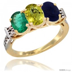 10K Yellow Gold Natural Emerald, Lemon Quartz & Lapis Ring 3-Stone Oval 7x5 mm Diamond Accent