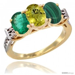 10K Yellow Gold Natural Emerald, Lemon Quartz & Malachite Ring 3-Stone Oval 7x5 mm Diamond Accent