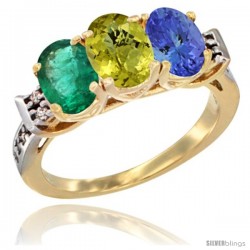 10K Yellow Gold Natural Emerald, Lemon Quartz & Tanzanite Ring 3-Stone Oval 7x5 mm Diamond Accent