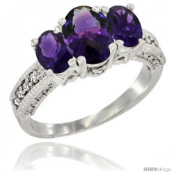 14k White Gold Ladies Oval Natural Amethyst 3-Stone Ring Diamond Accent