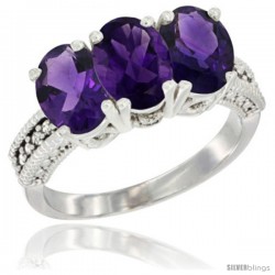 14K White Gold Natural Amethyst Ring 3-Stone 7x5 mm Oval Diamond Accent