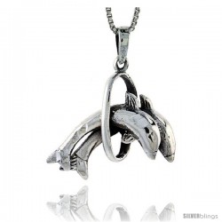 Sterling Silver Dolphins Jumping Thru Ring Pendant, 1 1/4 in tall