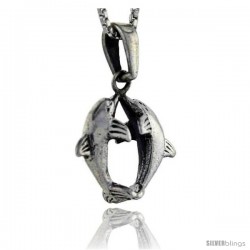 Sterling Silver 2 Kissing Dolphin Pendant, 1 in tall