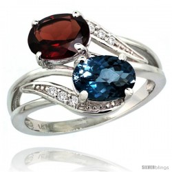 14k White Gold ( 8x6 mm ) Double Stone Engagement London Blue Topaz & Garnet Ring w/ 0.07 Carat Brilliant Cut Diamonds & 2.34