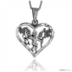 Sterling Silver Cut-out Heart with Angel Pendant, 7/8 in tall
