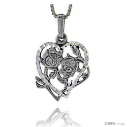 Sterling Silver Heart Pendant with Flower, 7/8 in tall -Style Pa337