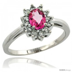 10k White Gold Pink Topaz Diamond Halo Ring Oval Shape 1.2 Carat 6X4 mm, 1/2 in wide