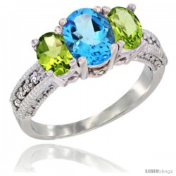 10K White Gold Ladies Oval Natural Swiss Blue Topaz 3-Stone Ring with Peridot Sides Diamond Accent