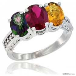 14K White Gold Natural Mystic Topaz, Ruby & Whisky Quartz Ring 3-Stone 7x5 mm Oval Diamond Accent