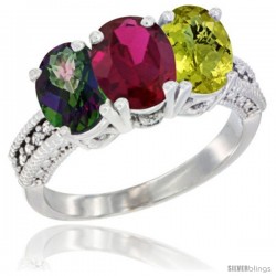 14K White Gold Natural Mystic Topaz, Ruby & Lemon Quartz Ring 3-Stone 7x5 mm Oval Diamond Accent