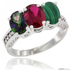 14K White Gold Natural Mystic Topaz, Ruby & Malachite Ring 3-Stone 7x5 mm Oval Diamond Accent