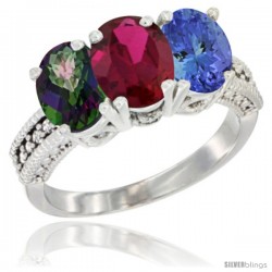 14K White Gold Natural Mystic Topaz, Ruby & Tanzanite Ring 3-Stone 7x5 mm Oval Diamond Accent