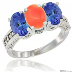 14K White Gold Natural Coral Ring with Tanzanite 3-Stone 7x5 mm Oval Diamond Accent