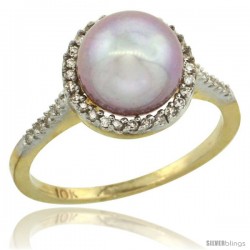 14k Gold Halo Engagement 8.5 mm Pink Pearl Ring w/ 0.146 Carat Brilliant Cut Diamonds, 7/16 in. (11mm) wide