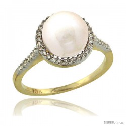 14k Gold Halo Engagement 8.5 mm White Pearl Ring w/ 0.146 Carat Brilliant Cut Diamonds, 7/16 in. (11mm) wide