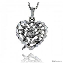 Sterling Silver Heart Pendant with Flower, 7/8 in tall -Style Pa336