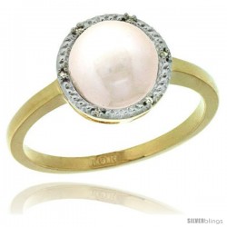 14k Gold Halo Engagement 8.5 mm White Pearl Ring w/ 0.022 Carat Brilliant Cut Diamonds, 7/16 in. (11mm) wide