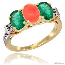 10K Yellow Gold Natural Coral & Emerald Sides Ring 3-Stone Oval 7x5 mm Diamond Accent