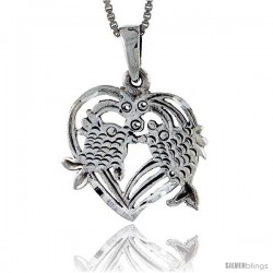 Sterling Silver Heart Pendant with Kissing Fish, 3/4 in tall