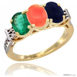 10K Yellow Gold Natural Emerald, Coral & Lapis Ring 3-Stone Oval 7x5 mm Diamond Accent