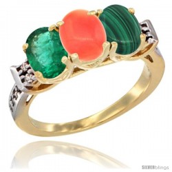 10K Yellow Gold Natural Emerald, Coral & Malachite Ring 3-Stone Oval 7x5 mm Diamond Accent