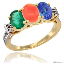 10K Yellow Gold Natural Emerald, Coral & Tanzanite Ring 3-Stone Oval 7x5 mm Diamond Accent