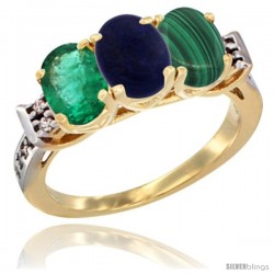 10K Yellow Gold Natural Emerald, Lapis & Malachite Ring 3-Stone Oval 7x5 mm Diamond Accent