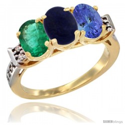 10K Yellow Gold Natural Emerald, Lapis & Tanzanite Ring 3-Stone Oval 7x5 mm Diamond Accent