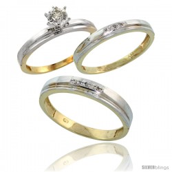 Gold Plated Sterling Silver Diamond Trio Wedding Ring Set His 4mm & Hers 3mm