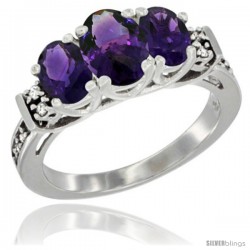 14K White Gold Natural Amethyst Ring 3-Stone Oval with Diamond Accent